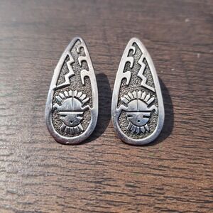 Vintage Signed Hopi Sterling Silver Overlay Sun Face Earrings